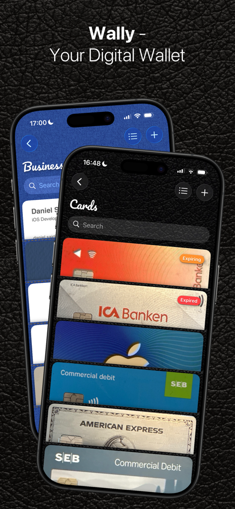 Wally - Digital Wallet - Wally 디지털 지갑 앱이 아이폰에 쌓여 있는 신용카드 및 멤버십 카드를 보여줍니다.