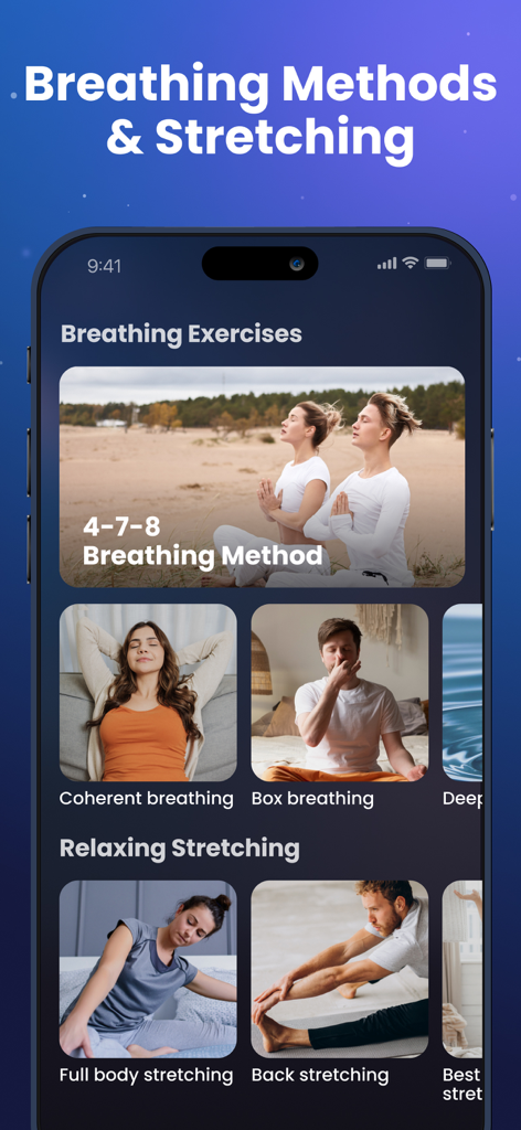 Sleep Tracker: Recorder, Sound - Interface do aplicativo Sleep Tracker mostrando exercícios de respiração e opções de alongamento relaxante para um sono melhor.