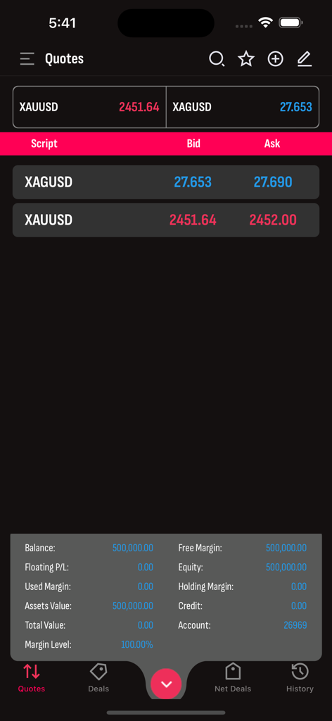 BBCorp iTrader - BBCorp iTrader mobile app interface displaying real-time quotes for gold and silver alongside detailed account financial metrics in dark mode.