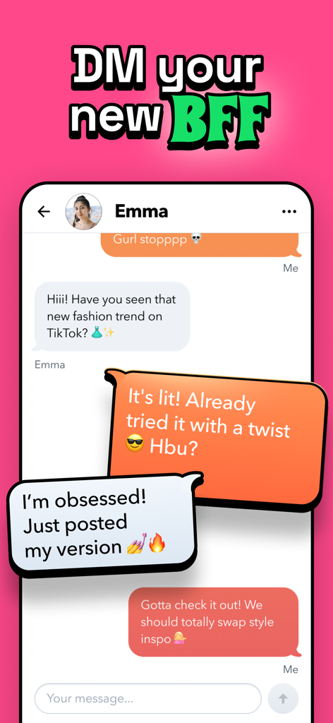 Hoop 앱의 모바일 채팅 인터페이스, 새로운 친구와의 대화 표시