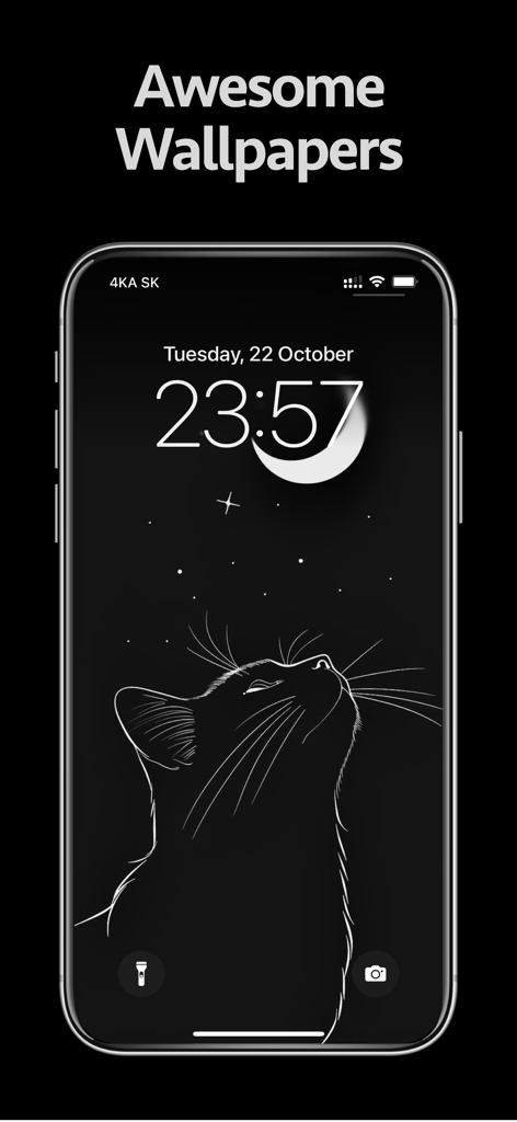 Black Wallpaper Dark Sad 4K - Dark aesthetic wallpaper showing a white line drawing of a cat looking at a crescent moon