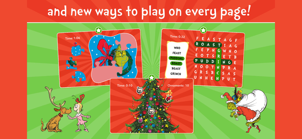 How the Grinch Stole Christmas - ジグソーパズルやワードサーチを含む『いじわるグリンチのクリスマス』アプリの3つのミニゲームのスクリーンショット。