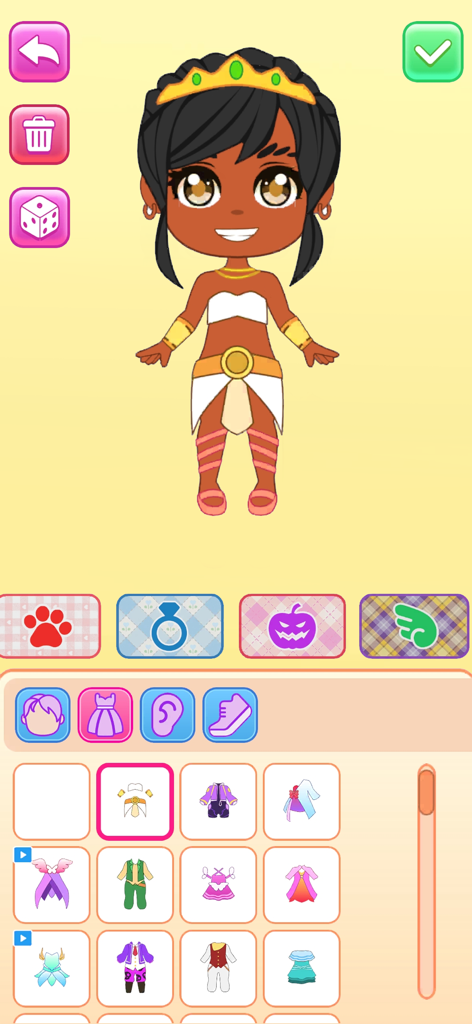 A chibi doll character with dark skin and hair wearing a white and gold outfit and crown in a game menu