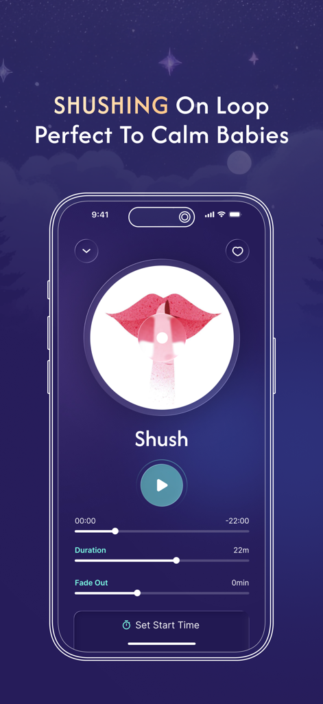 White Noise ASMR Sleep Sounds - Interfaz de la aplicación que muestra un sonido de susurro en bucle para calmar a los bebés con ajustes de duración y fundido.
