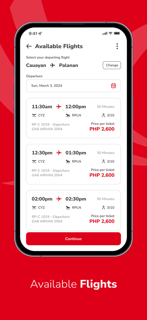 Sky Pasada - Sky Pasada app showing available flights from Cauayan to Palanan with schedules and prices