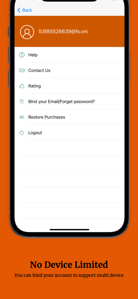 VPN 365 account settings screen on an iPhone showing options for binding email and multi device support