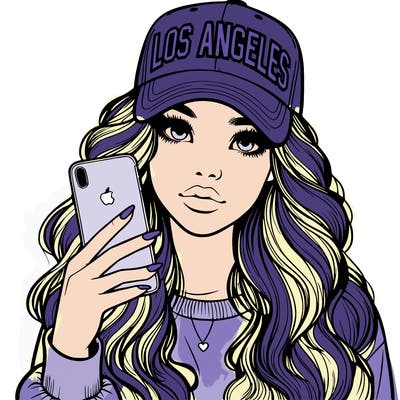 realistic beautiful girl wearing los ángeles cap holding an iphone