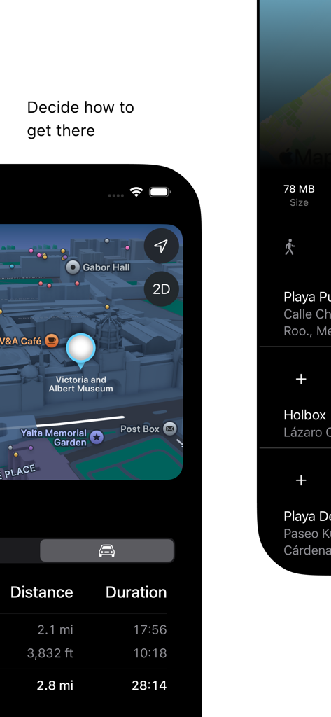 Mobile App-Oberfläche zeigt eine 3D-Stadtkarte mit Routenoptionen für Fußgänger und Autofahrer.