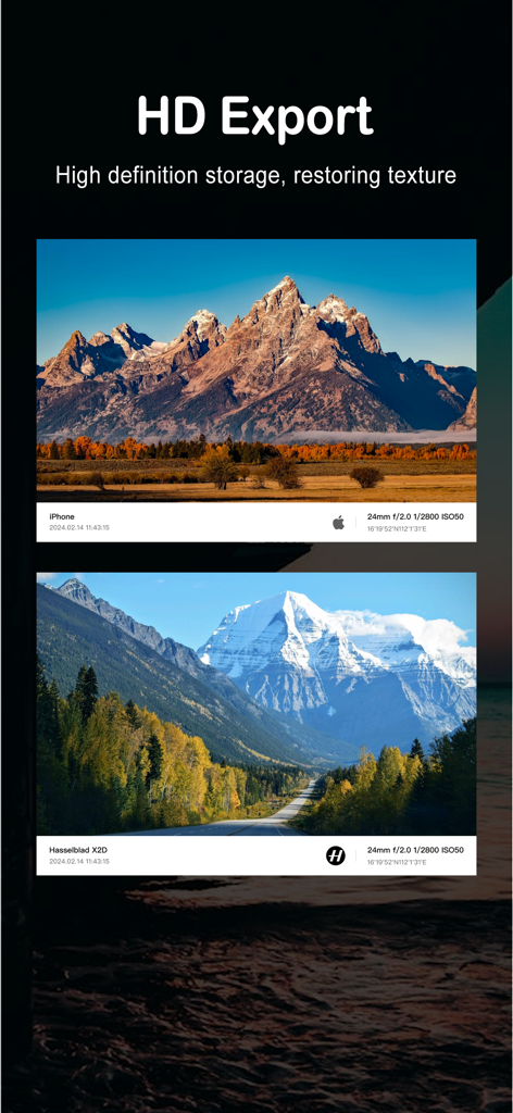HD export screen showing mountain photos with professional metadata frames and brand logos