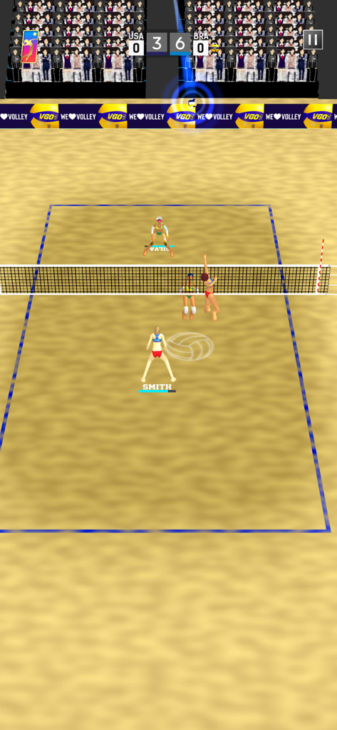 VGO2 - A 3D beach volleyball match in the VGO2 mobile game featuring a competition between USA and Brazil.