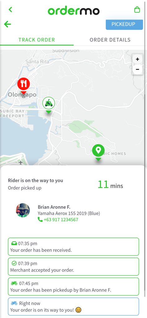 ordermo - Hassle-Free Delivery - Ordermo app interface showing real-time delivery tracking on a map with rider information and estimated arrival time.
