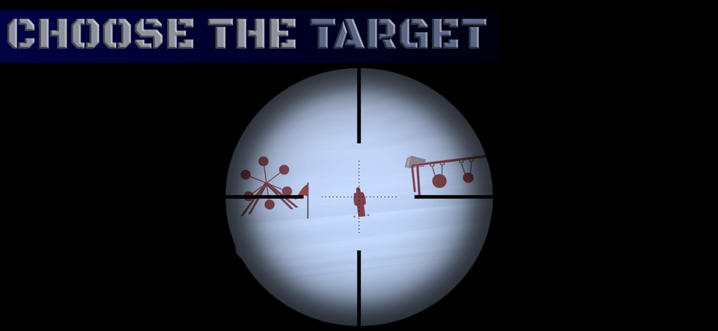 Sniper Range Game - A view through a sniper scope reticle showing various shooting range targets with text overlay saying choose the target