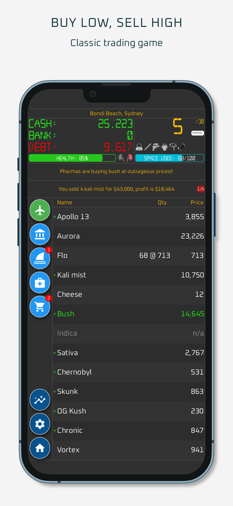 Gameplay screen of Dope Wars Weed Edition showing the market prices and trading interface