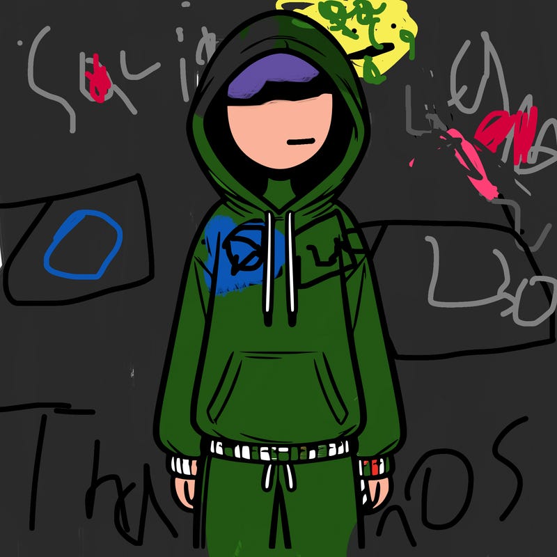 faceless girl in a tracksuit with a hood on and no hair