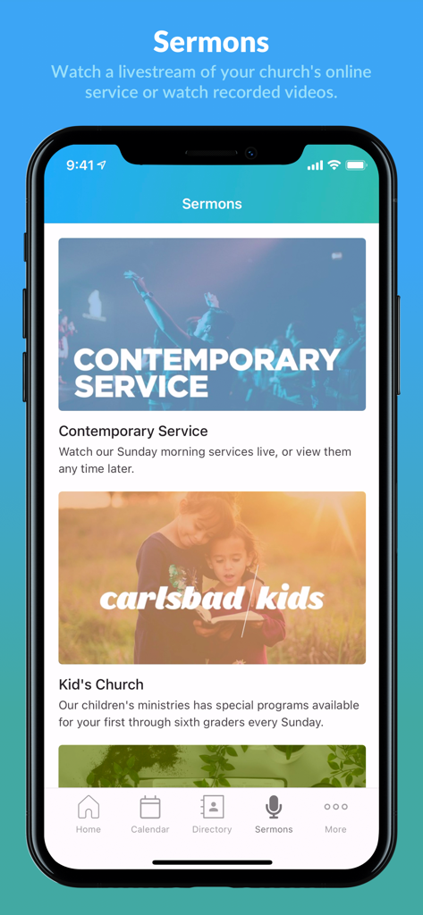 Écran des sermons de l'application Church Center montrant des options vidéo pour le service contemporain et l'église des enfants.