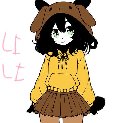 pretty anime girl wearing a fluffy hoodie with bunny ears on the hood and a skirt