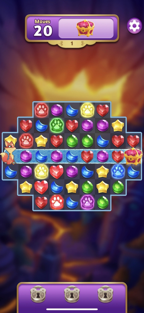 A match 3 puzzle gameplay screen from Genies and Gems featuring colorful gems and Trix the Fox