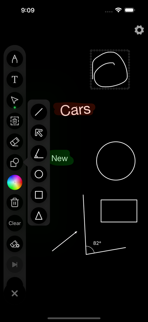 Virtual Whiteboard - Interface móvel em modo escuro de um aplicativo de quadro branco virtual mostrando um menu para desenhar formas geométricas e linhas