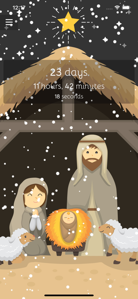 Christmas Countdown (2026) - Christmas Countdown app screenshot featuring a cartoon nativity scene background with falling snow and a countdown timer.
