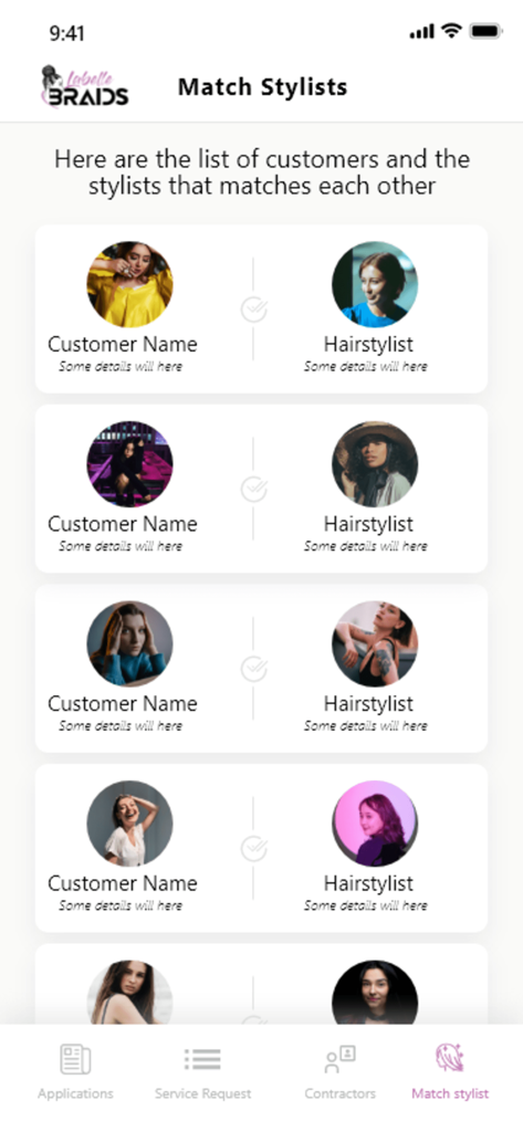 Labelle Braids - Labelle Braidsアプリで顧客とヘアスタイリストのマッチングを示すインターフェース