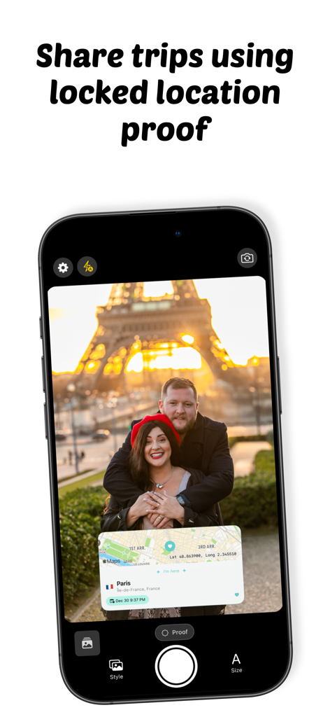 Smartphone screen displaying a travel photo with a GPS location and timestamp overlay at the Eiffel Tower
