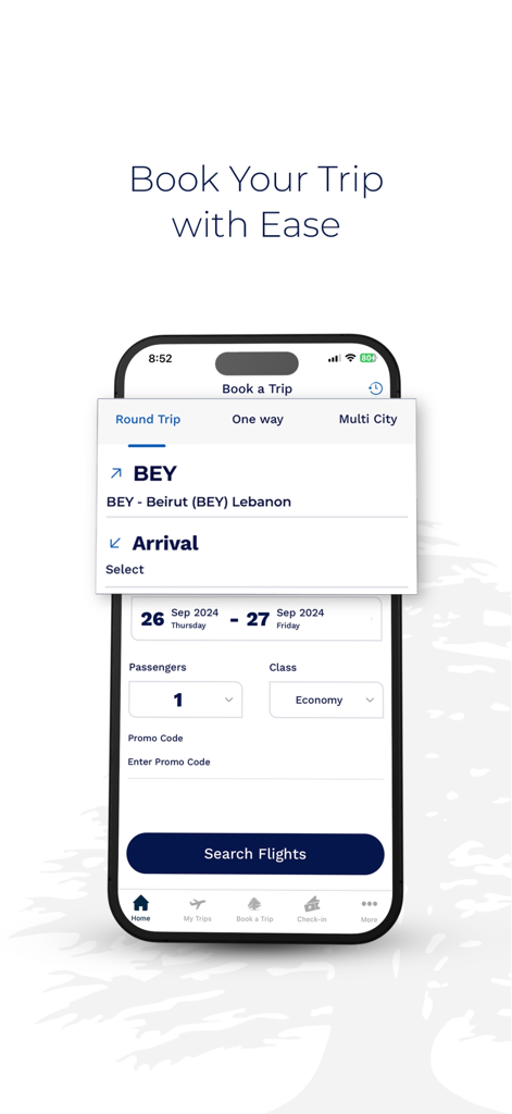 Middle East Airlines - MEA - Middle East Airlines mobile app flight booking screen showing round trip options from Beirut.