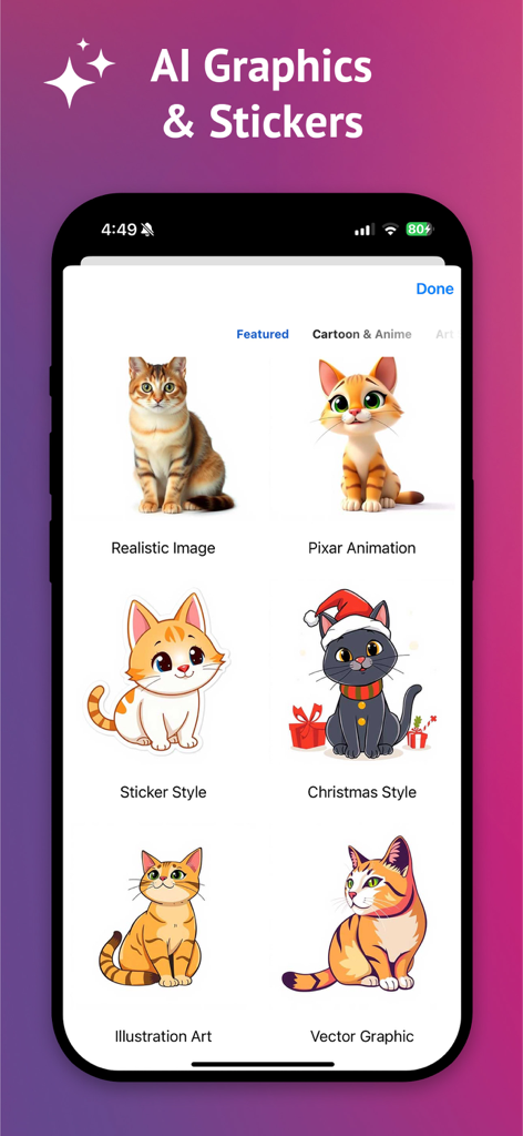 AI Image Maker Pro: Fast & Fun - Mobile app interface showcasing various AI generated cat styles including Pixar animation, stickers, and illustration art.