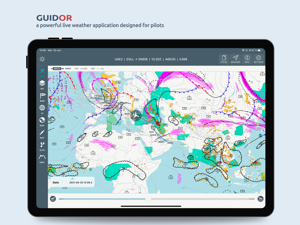 Guidor Skyconseil iPad app interface displaying a detailed aviation weather map and flight path optimization tools