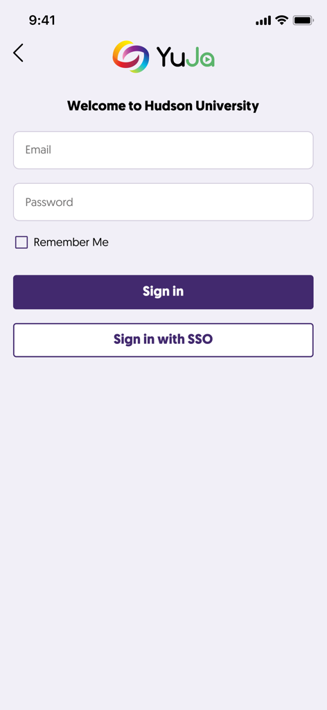 YuJa Lumina - Tela de login para o aplicativo da plataforma de vídeo YuJa Lumina