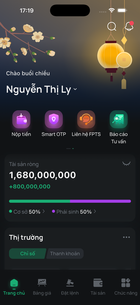 FPTS EzTrade - FPTS EzTrade mobile app home screen showing account balance and financial tools