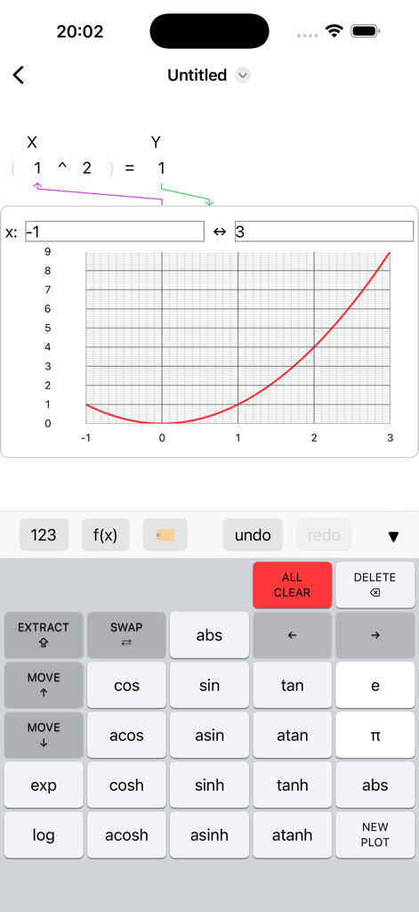 Caldy - Mobile interface of Caldy calculator displaying a dynamic plot and scientific function keypad.