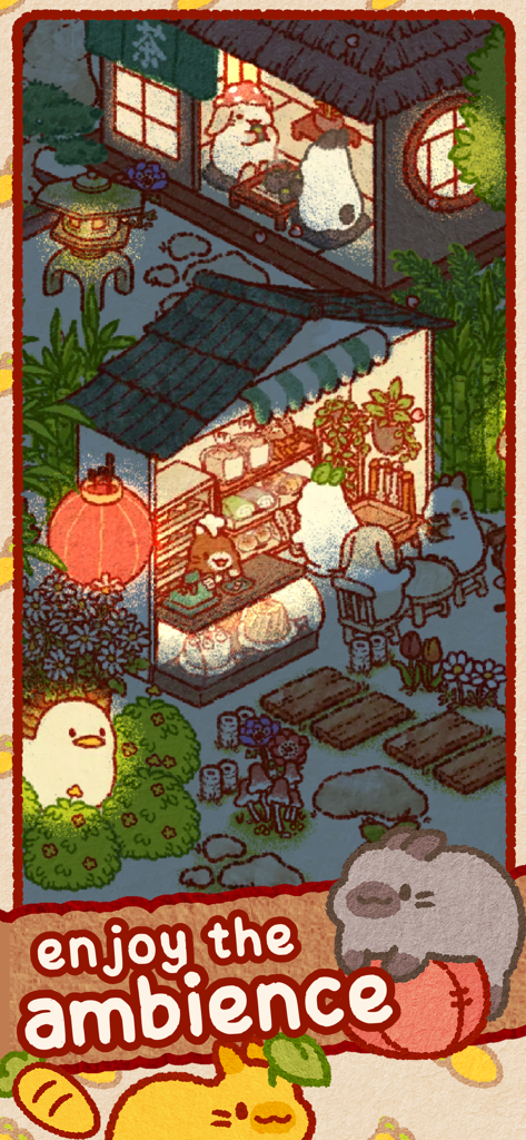Usagi Shima: Cute Bunny Game - Bunnies enjoying a cozy night scene at an outdoor island bakery in Usagi Shima