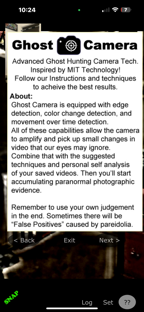 Ghost Camera by Pocket Future - In-app information screen explaining the edge detection and movement analysis technology used for paranormal investigation.