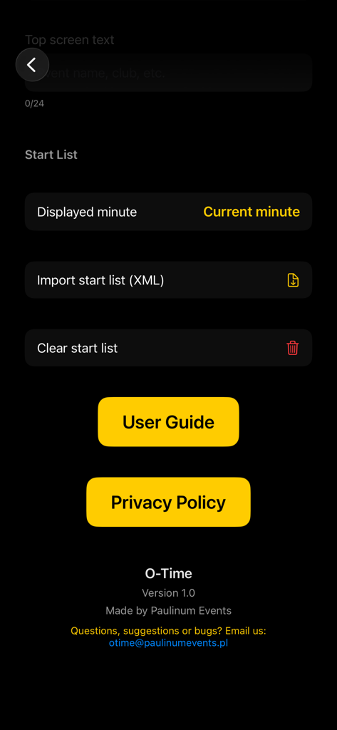 O-Time - Settings screen of the O-Time app showing options for importing XML start lists and accessing the user guide