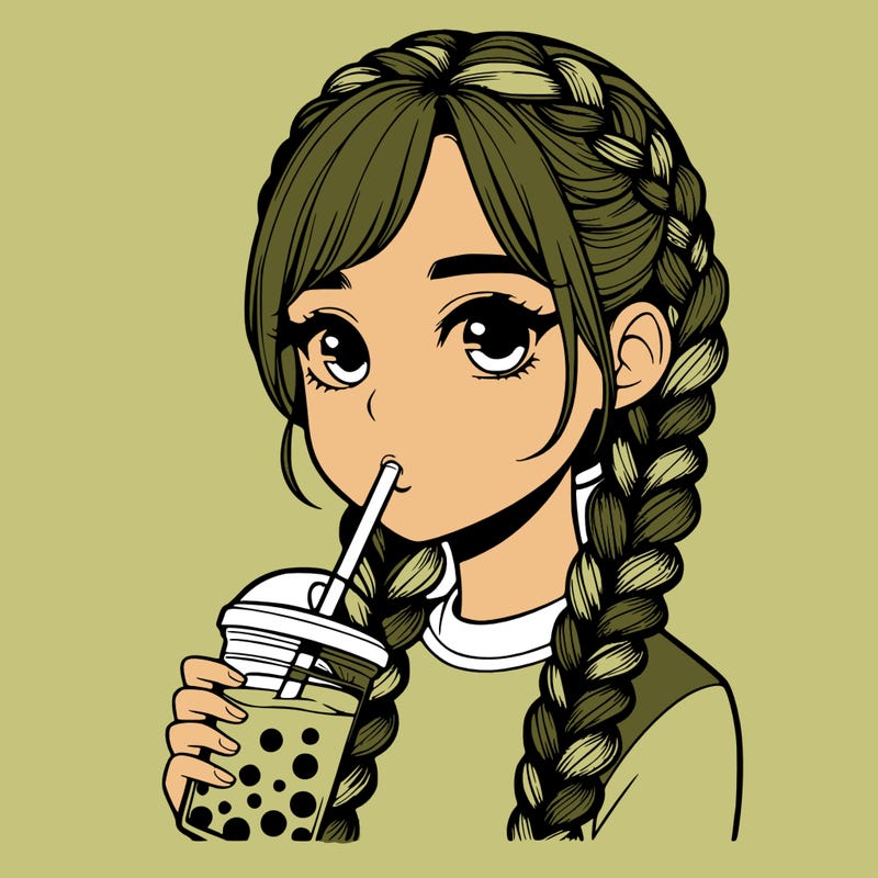 realistic girl with braided hair drinking boba