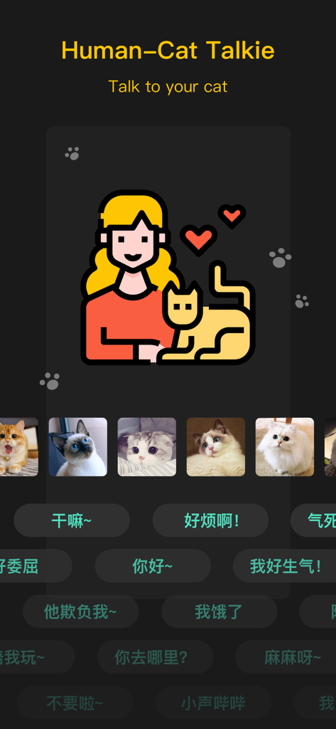 Human-Cat Talkie interface within the Voice Changer Recorder app showing options to communicate with a cat