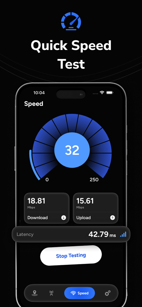 Cell Tower Locator - CellScope - CellScope app interface displaying a mobile network speed test with download and upload results