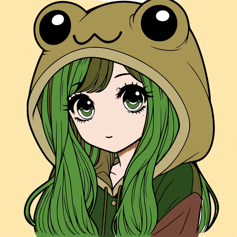 a pretty girl wearing a frog hoodie portrait with long hair