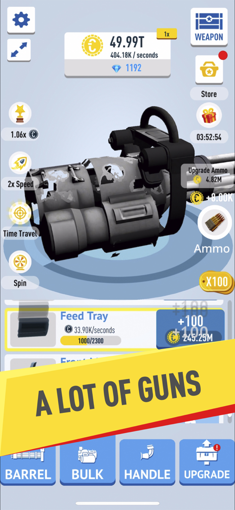 Idle Guns Factory Tycoon - A screenshot of the Idle Guns Factory Tycoon game showing a large machine gun being assembled with various upgrade options and currency displays.