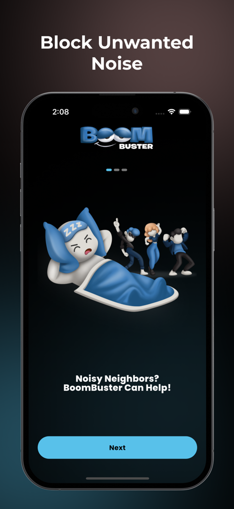 BoomBuster: Noise Blocker - Écran d'accueil de l'application BoomBuster montrant une personne essayant de dormir pendant que les voisins dansent