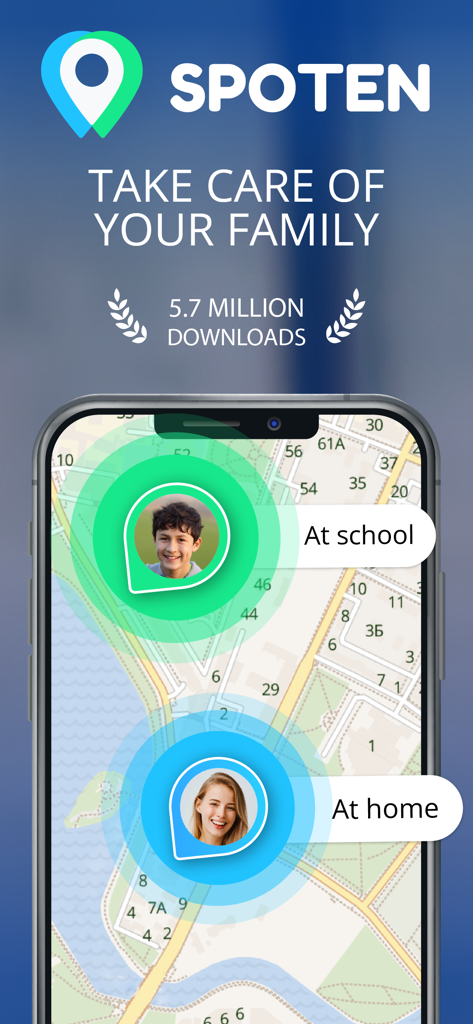 Spoten Phone Location Tracker - Spotenアプリのスクリーンショット。学校や自宅のラベルが付いた地図上に、リアルタイムの家族位置情報追跡が表示されています。