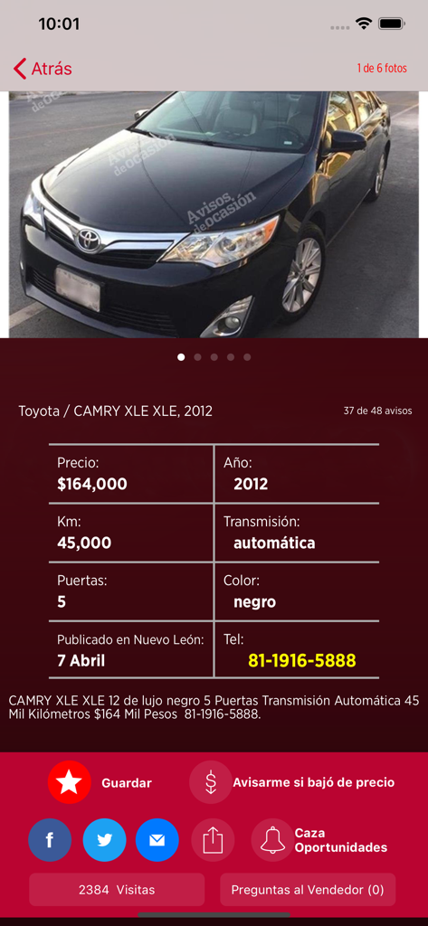 2012 Toyota Camry listing on the Avisos de Ocasión classifieds app