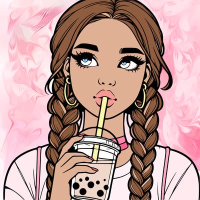 realistic girl with braided hair drinking boba