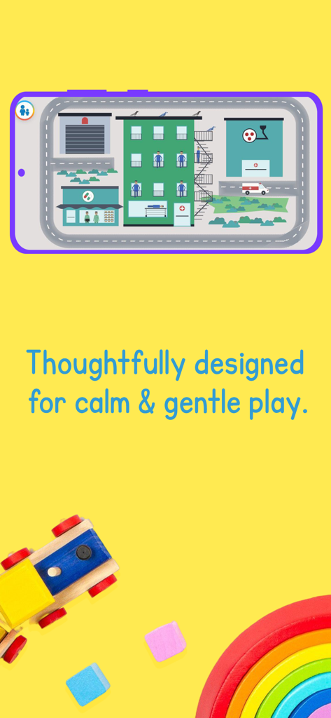 Turtlebee Montessori Preschool - Interfaz de la aplicación Montessori Turtlebee con una escena de ciudad y texto que enfatiza el juego tranquilo y suave junto con juguetes de madera físicos