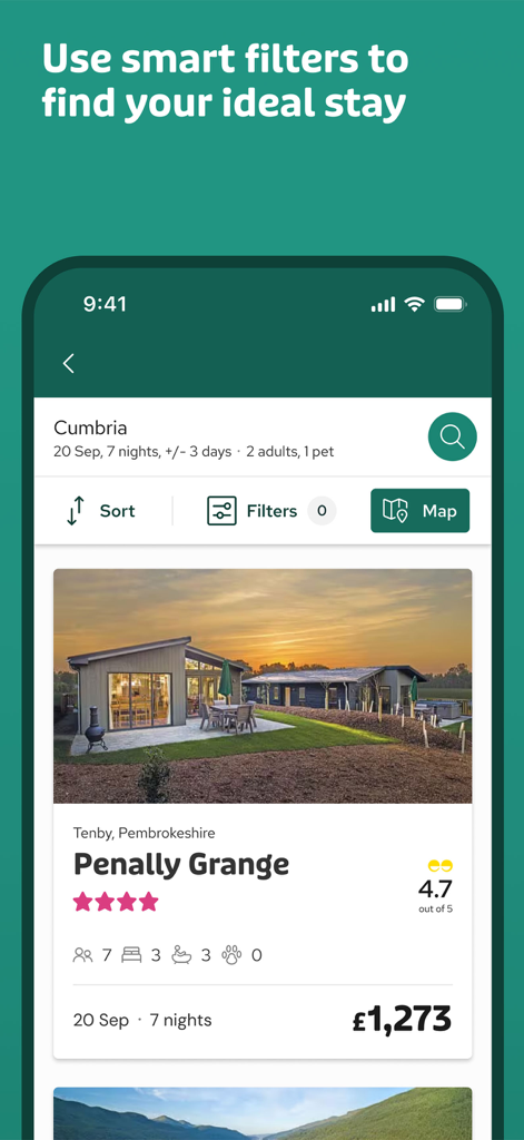 Hoseasons: Book UK Holidays - Interfaz de la aplicación móvil Hoseasons que muestra una lista de cabañas de vacaciones en el Reino Unido con filtros de búsqueda inteligentes.