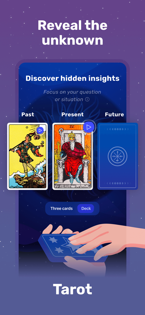 Zodiac Sign Horoscope－Love Lab - Tarot reading screen in Love Lab app with past present and future card spread