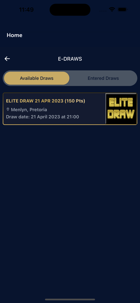 Sun International - Sun International app screen showing available e-draws for elite loyalty members