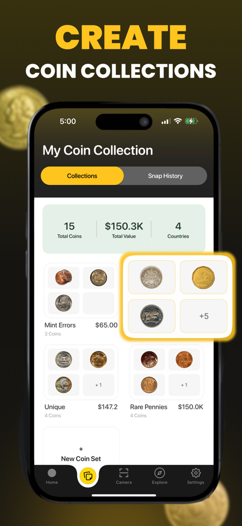 CoinSpot - Coin Value Scanner - Interfaz de una aplicación móvil que muestra colecciones de monedas organizadas con el valor total de la cartera y categorías de alto valor.