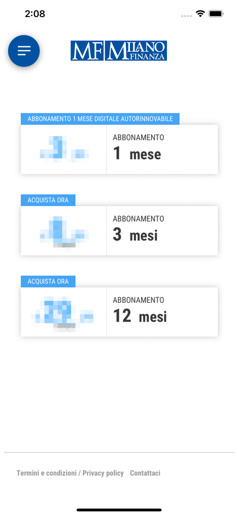 MF Milano Finanza - Subscription selection screen of the MF Milano Finanza app featuring monthly and annual plans.