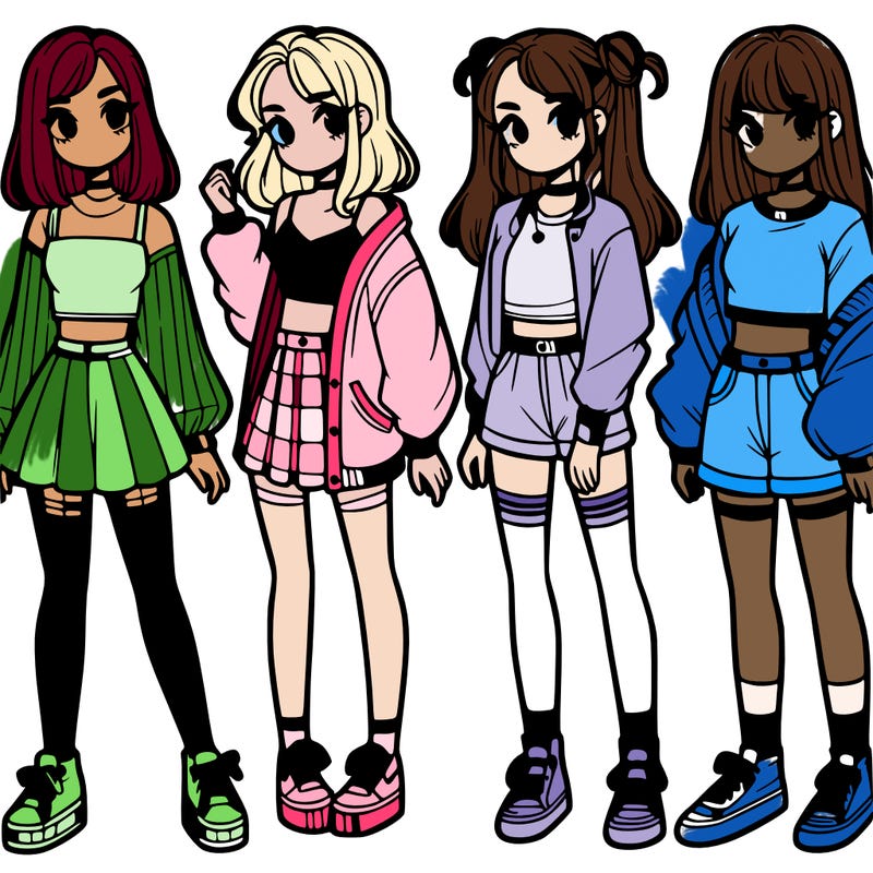 one girl with crop-top shirt and a jacket with a skirt, long socks and another girl with a shirt and pants with a jacket